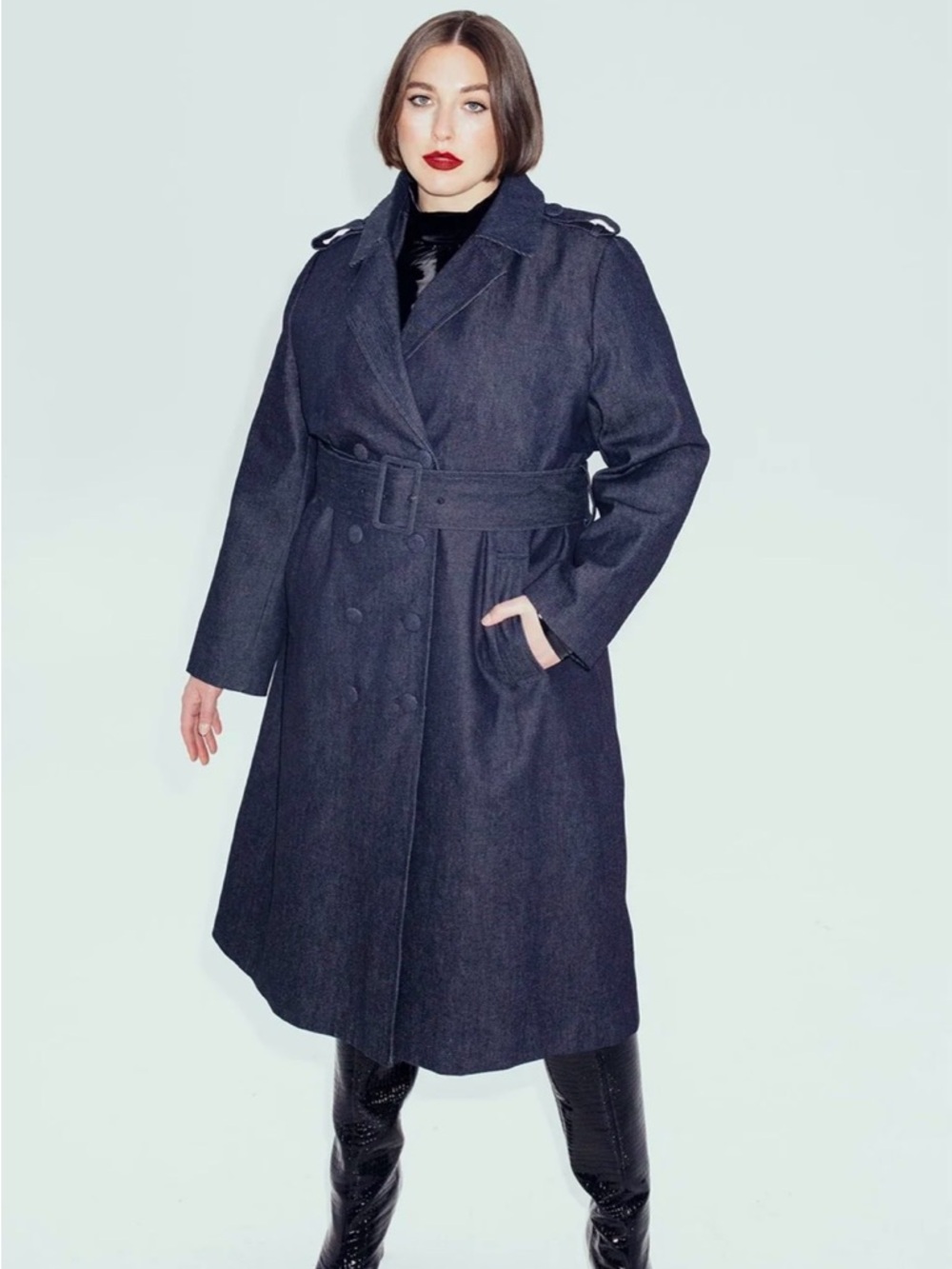 Hilary MacMillan Long Double-Breasted Belted Trench Denim Coat with Belt